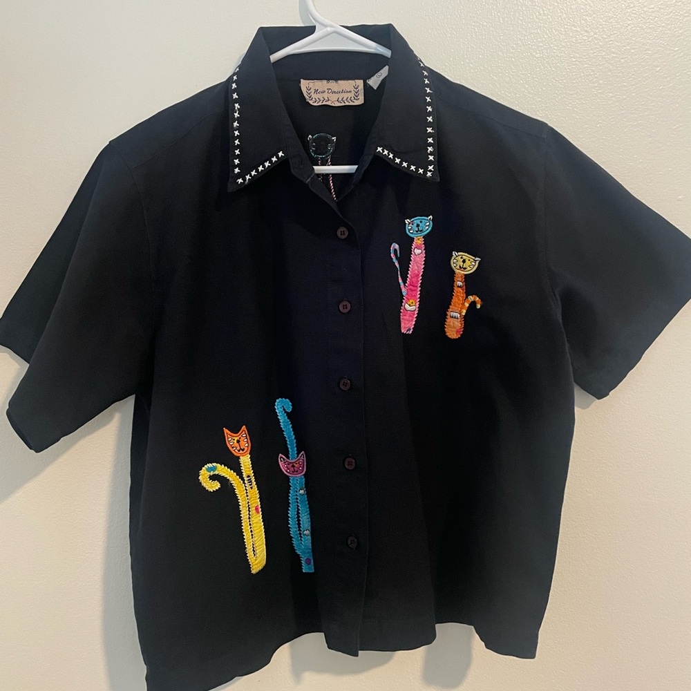 Women’s Black Cat Embroidered Shirt